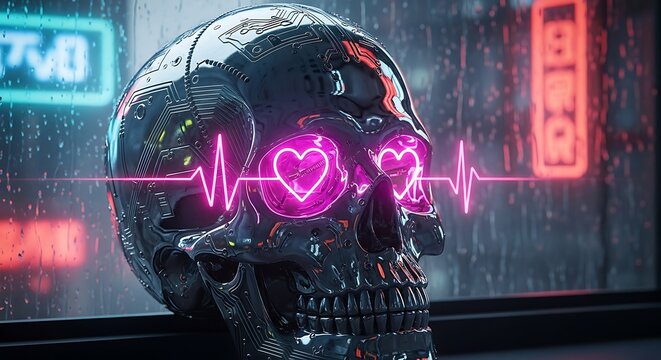Cyberpunk skull with neon heartbeat ekg pulse in rainy futuristic cityscape