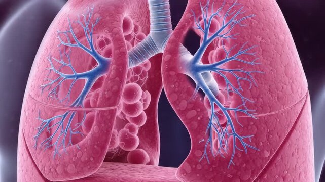 Microscopic view of human lungs internal structure showing bronchioles and alveoli with blue