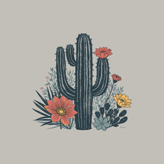 Cute Floral Cactus Illustration with Desert Flowers &ndash; Hand-Drawn Botanical Design