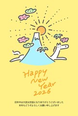 走る白馬と富士山と初日の出と松竹梅のカラフルでポップな線画年賀状　2026 手描きイラスト