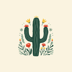 Cute Floral Cactus Illustration with Desert Flowers &ndash; Hand-Drawn Botanical Design