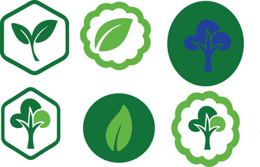 Obraz premium Six green and blue nature plant and tree icons on white background vector