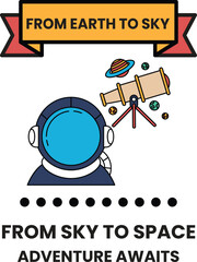 A poster with a man in a space suit looking through a telescope