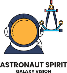 An astronaut is wearing a blue and orange suit and holding a compass