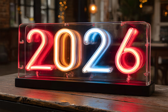 A neon sign with the date 2026 displayed on a table, useful for event or calendar themed projects..New Year 2026.