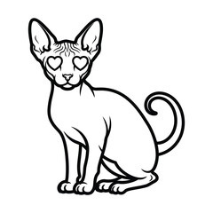 Whimsical line art illustration of a sphinx cat with heart shaped eyes
