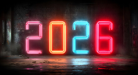 Futuristic 2026 text glowing with neon lights on a dark, modern stage background. Concept of new year, technology, and future events.