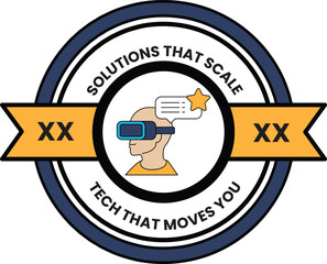 A blue and white circle with a man wearing a virtual reality headset