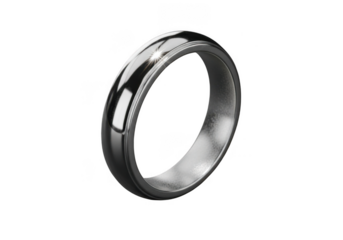 A sleek polished silver band ring with a subtle curve isolated on transparent background