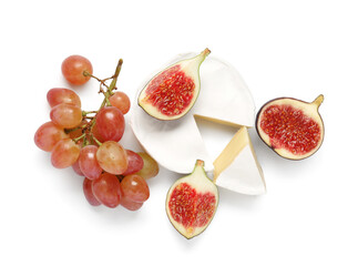 Tasty Camembert cheese, fresh ripe figs and grape on white background, closeup