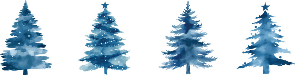Hand drawn watercolor set of blue monochrome Christmas tree composition. Illustration isolated on white background. Can be used for postcard, label and other printed products