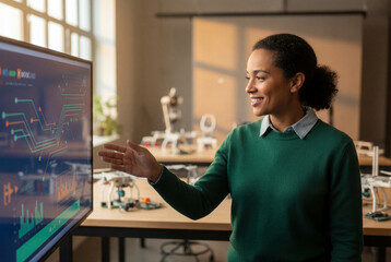 Professional woman explaining tech concepts on a screen