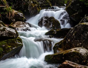 Fototapeta premium Stream cascading over mossy rocks in a serene, natural environment
