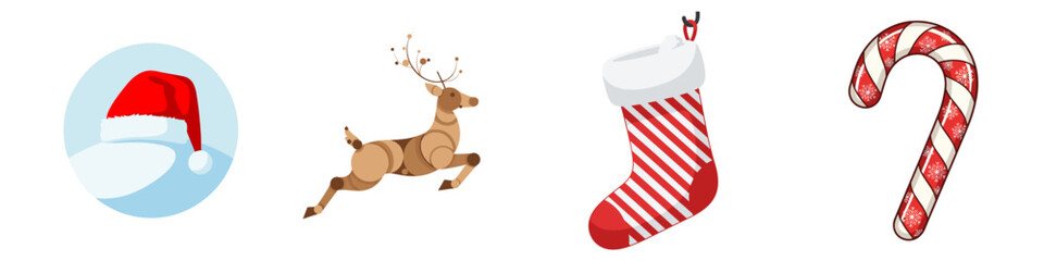 Christmas illustrations including a Santa hat in a snow circle, a reindeer made up of round elements, a striped gift stocking and a classic candy cane