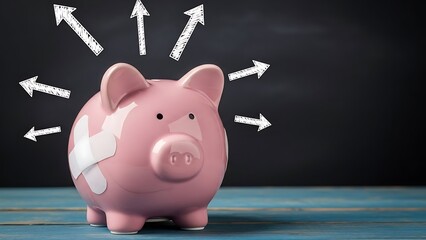 Piggy Bank with Bandage and Arrows Pointing Upward Symbolizing Financial Recovery and Growth in Savings