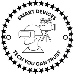 A man wearing a virtual reality headset is standing next to a camera