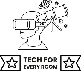 A man wearing a virtual reality headset is looking up at a telescope