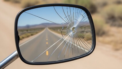 Broken car mirror reflecting a desolate highway stretching into the distance, symbolizing a damaged perspective or journey