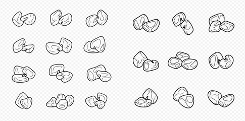 Set of hand drawn cashew nuts in various arrangements, line art illustration on transparent background.