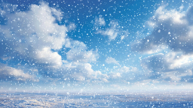 Gentle snowfall against a clear blue winter sky, evoking calm, serenity, purity, and seasonal beauty, capturing the quiet magic and peaceful atmosphere of a crisp winter day.