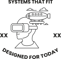A man wearing a virtual reality headset is looking up at a large airplane