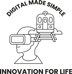 A man wearing a virtual reality headset is shown with a train in the background