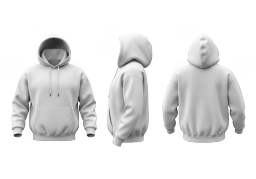 Three views of a plain white hooded sweatshirt isolated on transparent background - Powered by Adobe