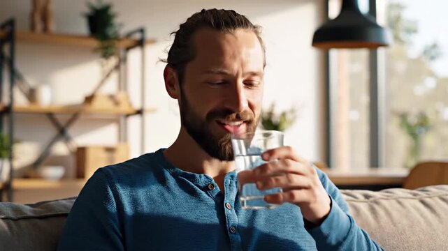 Man holding pill and glass of water smiling at home daily health routine wellness supplement intake