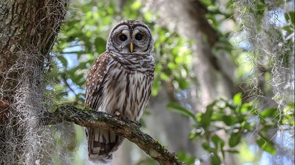 Fototapeta premium Great horned owl in winter portrait, a brown and white wild bird of prey with yellow eyes