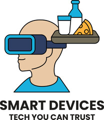 A man wearing a virtual reality headset is holding a tray with a bottle, a cup