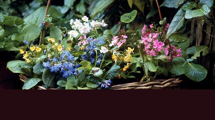 Beautiful colorful spring flower bouquet in a decorated basket