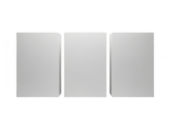 Three blank white book covers standing upright isolated on transparent background