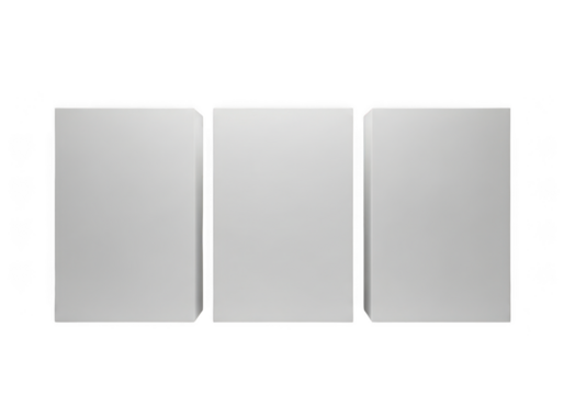 Three blank white book covers standing upright isolated on transparent background