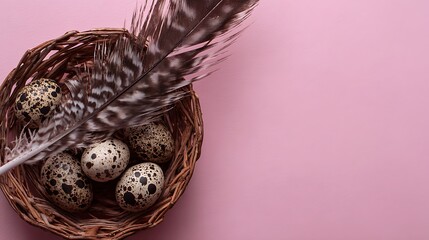 Small brown and white quail eggs in a natural nest or an Easter basket