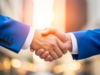 A close up of two business people shaking hands wearing blue suits in a bright environment