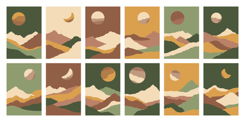 Set of vertical posters with silhouettes of mountain landscapes in flat style. Hiking, travel cards. Design element for poster, card, banner. Contemporary design. Futuristic wall art decor. Dunes, sky