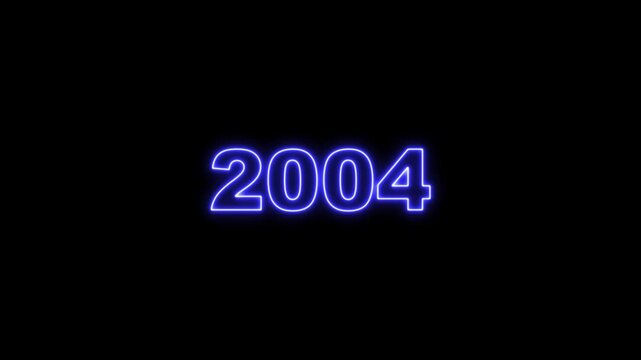 2004 neon line text. Abstract 2004 neon text animation, Glowing neon number text background 4k animation. Concept of counting years. Past year technology concept.