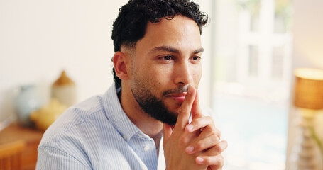 Thinking, determination or man in house with plan, choice or problem solving for startup growth....