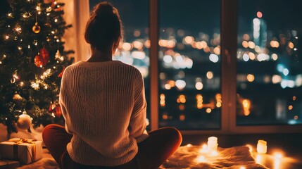 Woman sitting by window at night looking at city lights near a decorated christmas tree