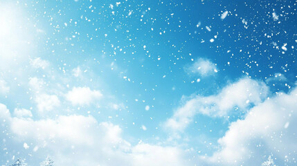 Fototapeta premium Gentle snowfall against a clear blue winter sky, evoking calm, serenity, purity, and seasonal beauty, capturing the quiet magic and peaceful atmosphere of a crisp winter day.