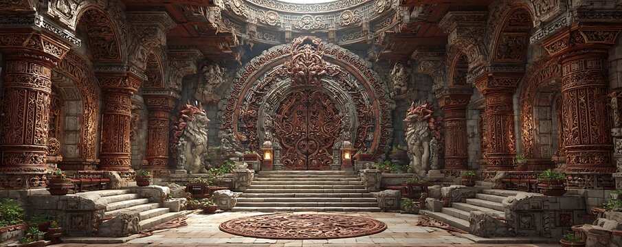 Bronze temple mockup with engraved command panels powered by crimson energy