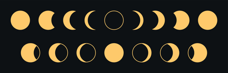 Minimal flat crescent moon phase cycle vector set isolated on dark background, abstract modern lunar evolution illustration collection, simple astronomy symbols for design, education, infographic