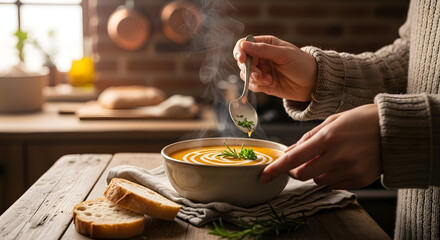 A person's hands garnishing a steaming bowl of creamy orange soup with fresh herbs on a rustic wooden table, with slices of bread nearby in a cozy kitchen setting.