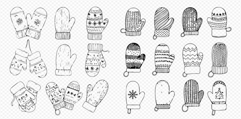 Hand-drawn doodle collection of various winter mittens with different patterns and designs, perfect for cold weather and holiday themes.