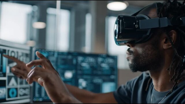Metaverse enterprise applications. Virtual workspaces. Immersive collaboration. Workflow automation. Virtual-training. A person using a virtual reality headset in a modern workspace.