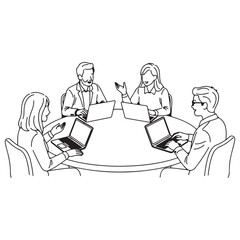 Monochromatic Line Art of Business Collaboration with Laptops and Round Table