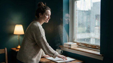 Woman with soft smile looks from window, hand reaching for creative action.