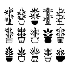 Potted Plant Icon Set – Black Silhouette Plants in Various Pots