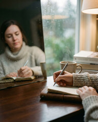 Woman writing in journal with reflection on a rainy day.