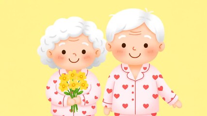 A heartwarming illustration of a loving senior couple in festive Valentine Day Pajamas, celebrating their enduring affection and companionship with flowers on a vibrant background